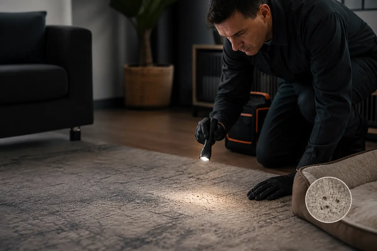 Technician checking a rug beside upholstered furniture