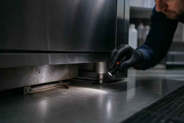 Technician looking beneath a stainless steel kitchen unit
