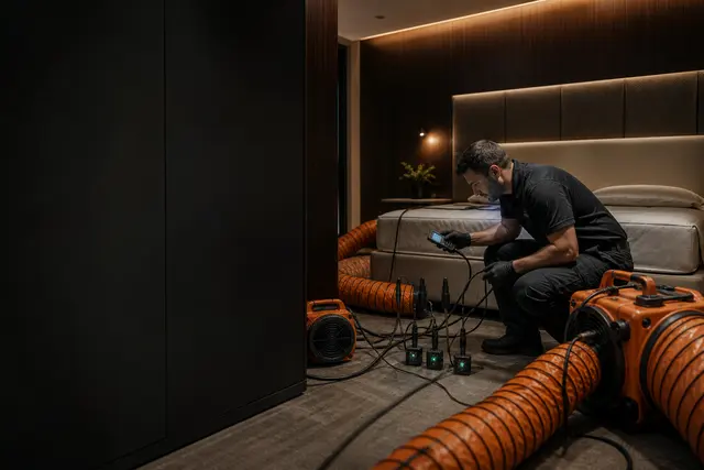 Technician checking heat treatment equipment in a bedroom