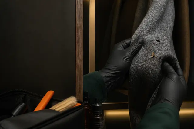Gloved hands examining holes in a wool garment