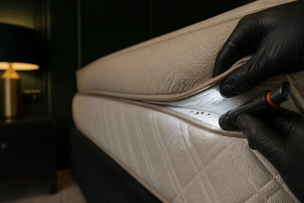Inspection of a mattress seam with a torch and gloved hands