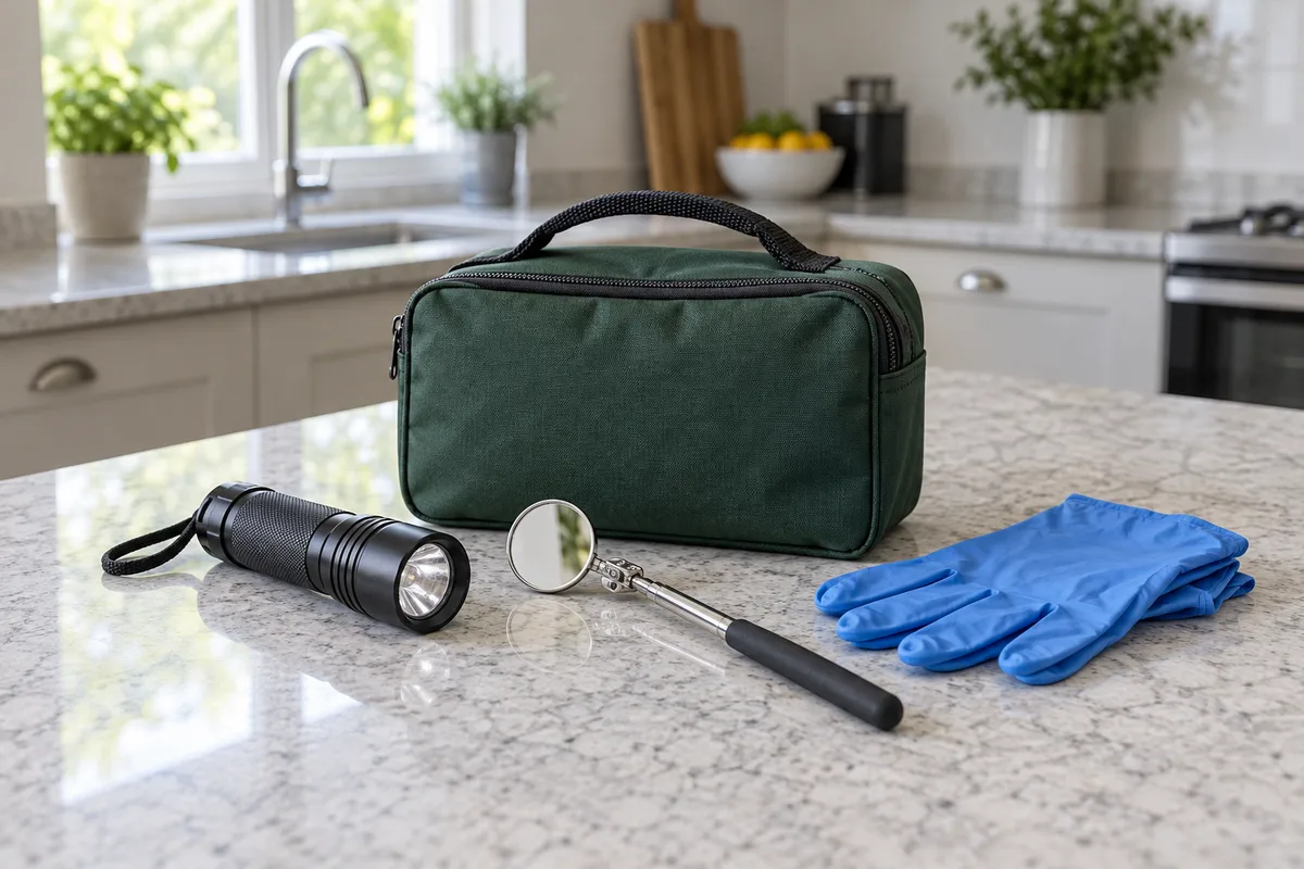 Torch, inspection mirror and gloves arranged beside an equipment bag