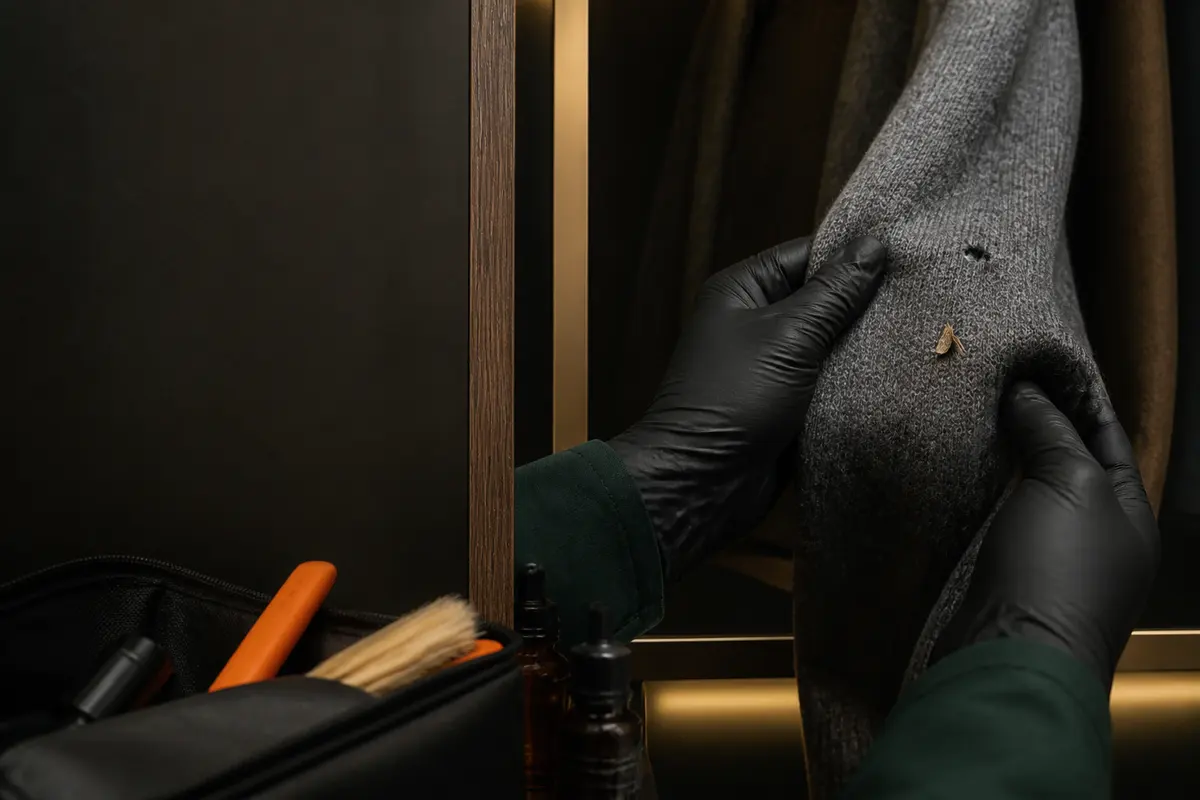 Gloved hands examining damage to a wool garment