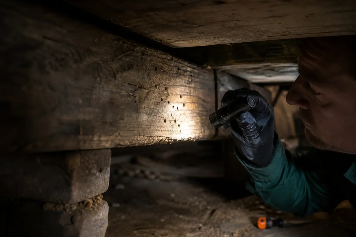 Torch examination of small holes in exposed timber