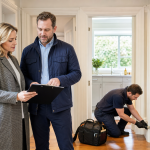 Landlord and tenant reviewing a pest control inspection in a London rental property