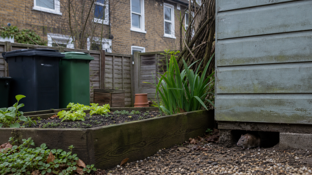 Brown rat beside a shed in a London terraced garden