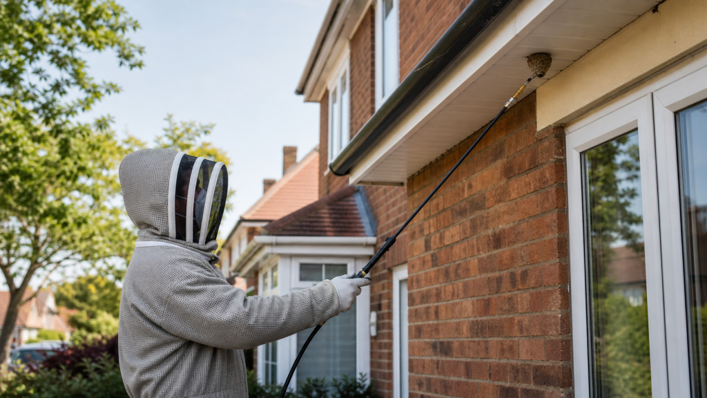 Professional wasp nest treatment at the eaves of a London house