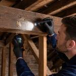 Timber specialist inspecting woodworm holes in a Victorian London loft
