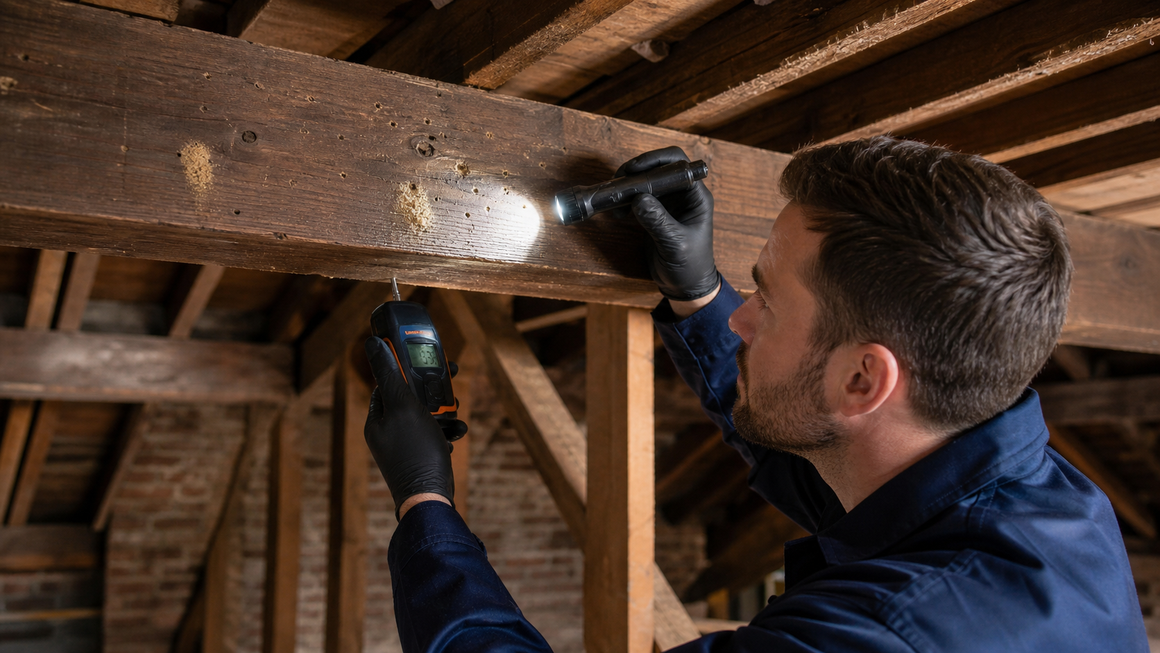 Timber specialist inspecting woodworm holes in a Victorian London loft
