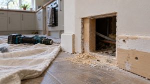 Open service void beside new kitchen skirting during building work, with tools and dust sheet nearby