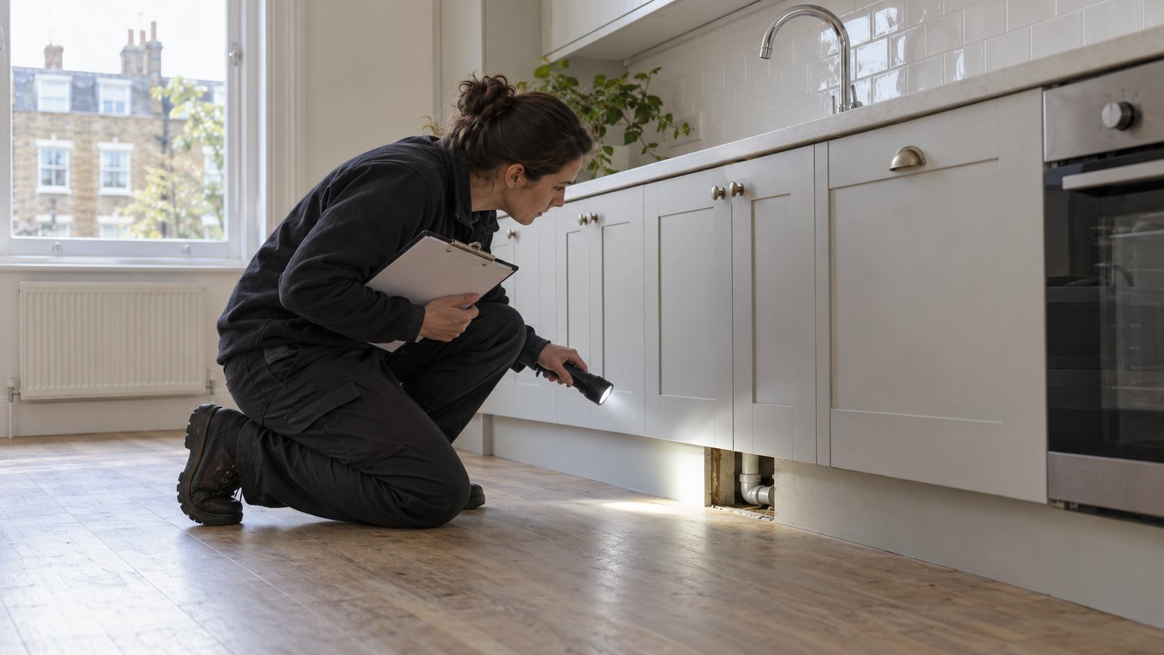 Property manager inspecting the skirting and pipe area of an empty London flat kitchen with a torch
