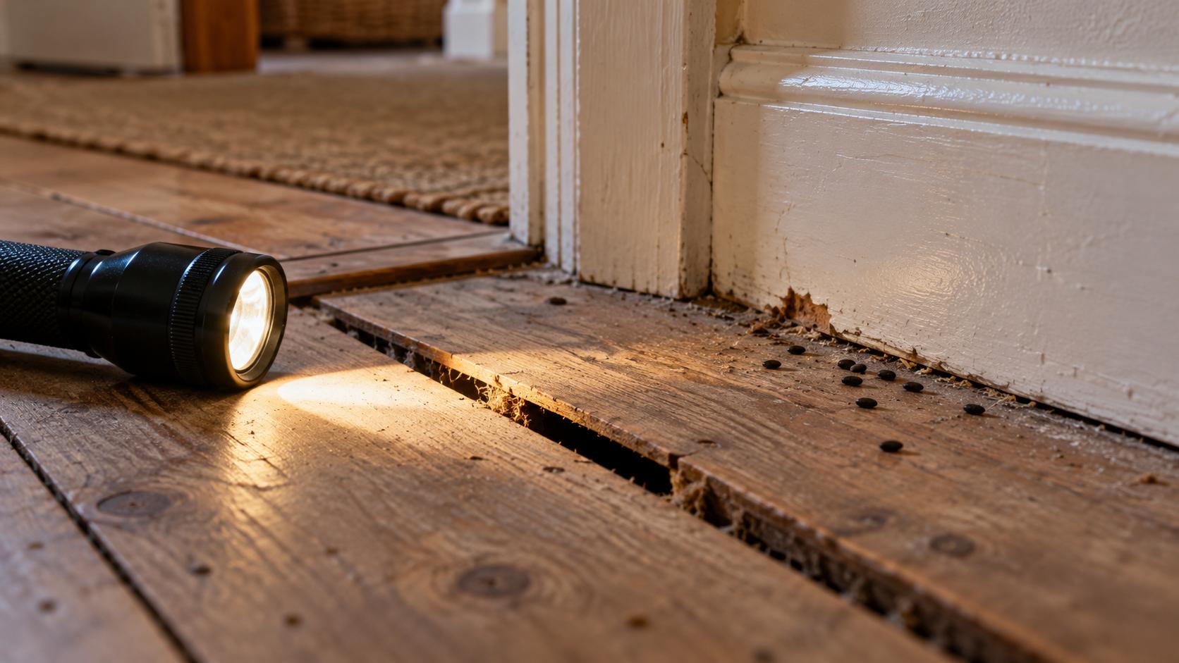 Torch illuminating a gap in timber floorboards and small rodent droppings beside a skirting board