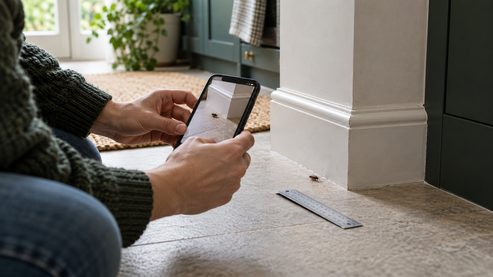 Person using a phone to photograph an insect beside a skirting board, with a ruler nearby for scale
