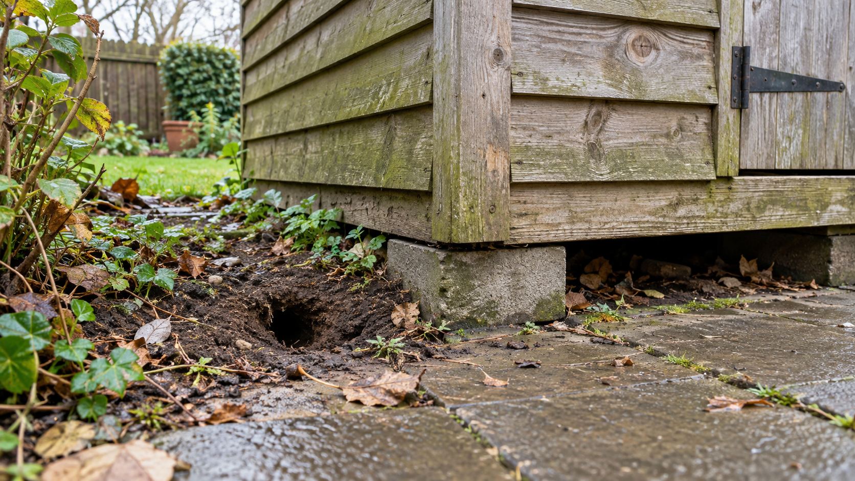 Soil opening beside the raised base of a weathered timber garden shed
