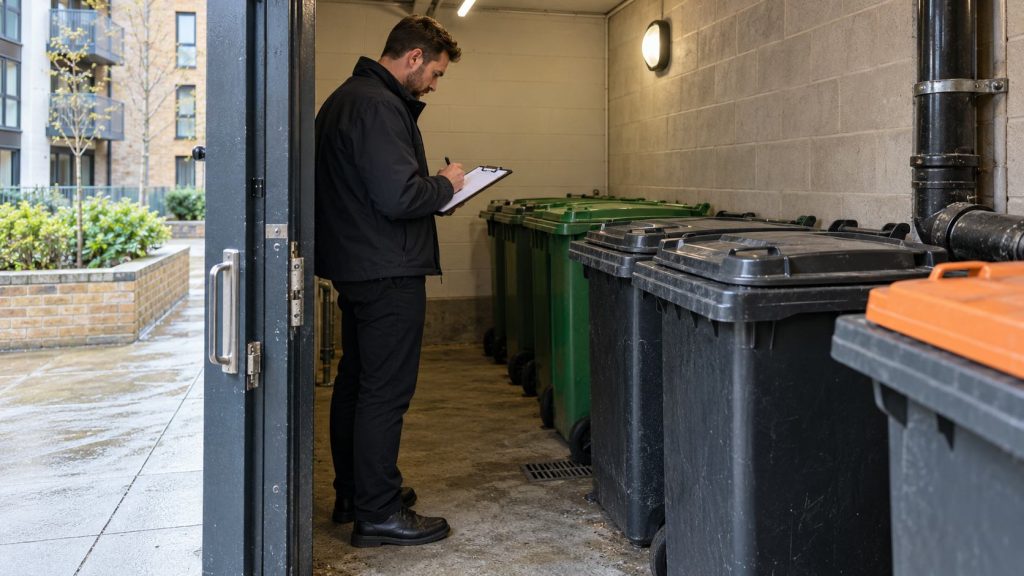 Managing agent inspecting lidded wheelie bins in a London apartment block refuse store
