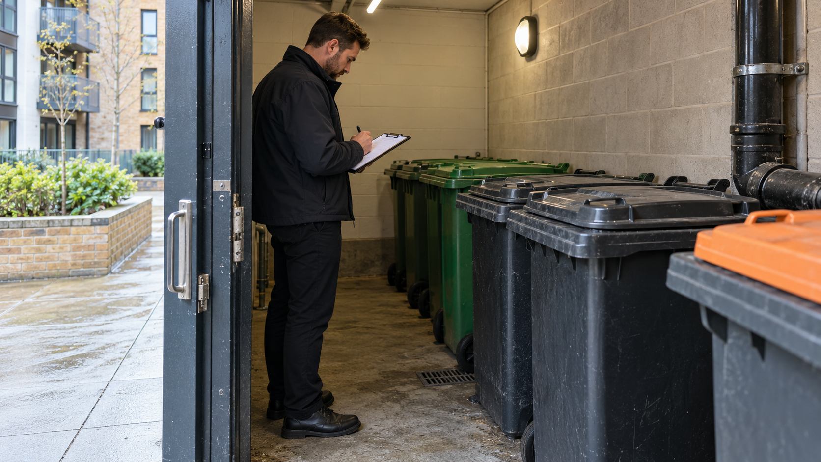 Managing agent inspecting lidded wheelie bins in a London apartment block refuse store