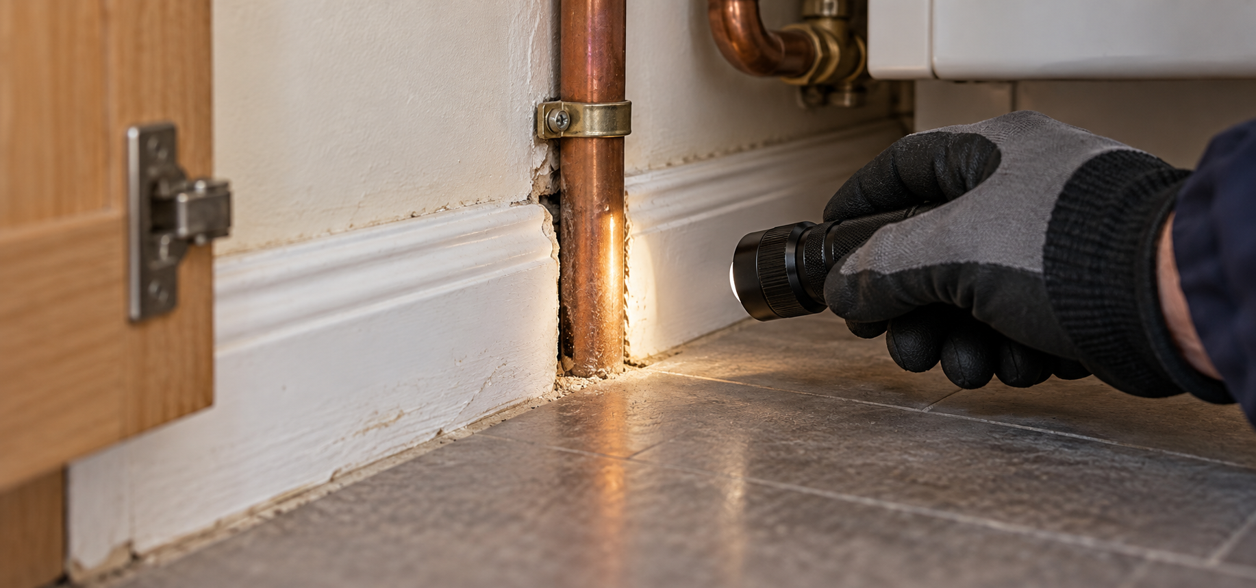 Gloved technician shines a torch at a gap around a copper water pipe in a kitchen cupboard