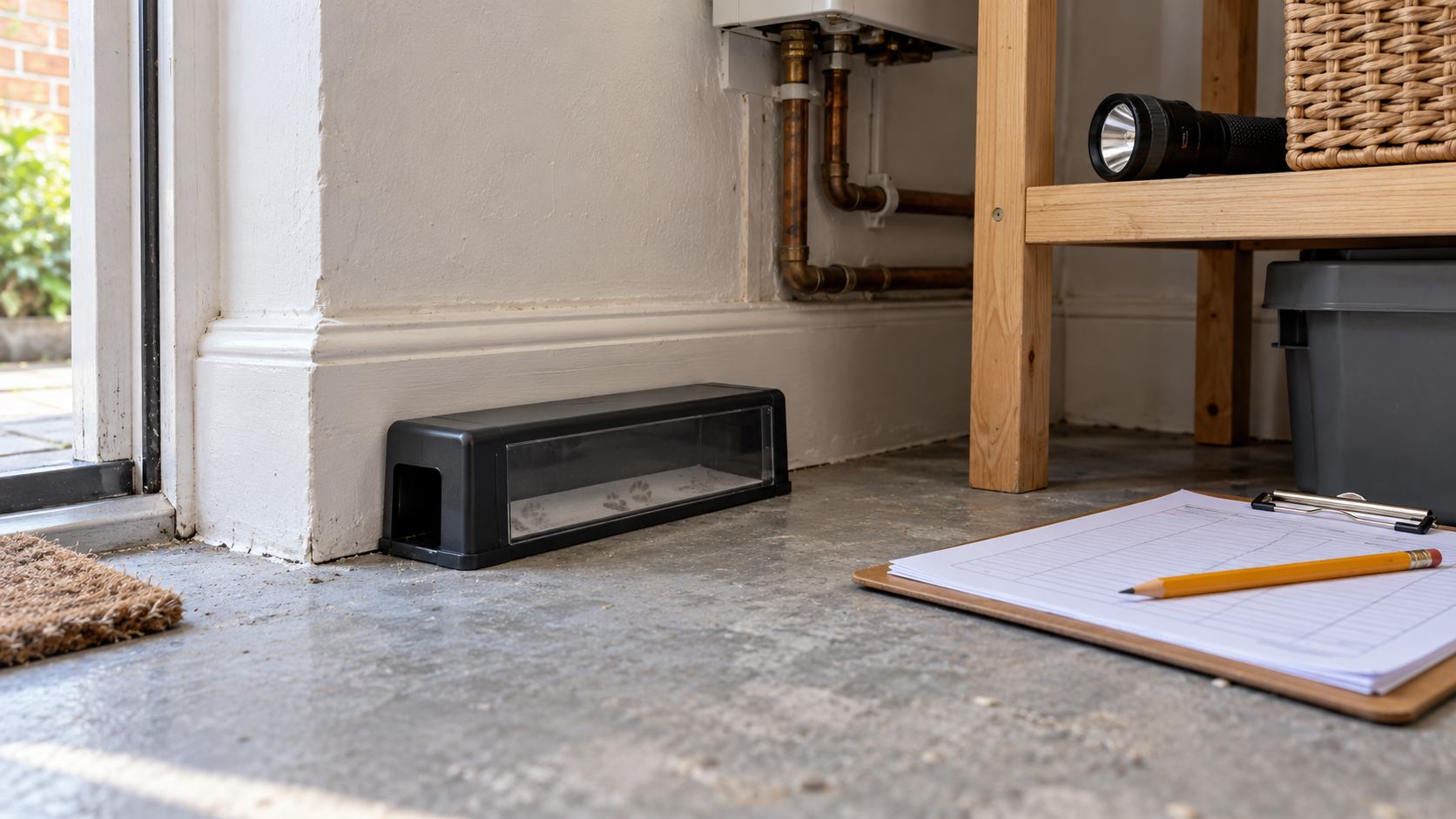 Contained non-toxic rodent tracking tunnel along a utility room skirting board beside an inspection log